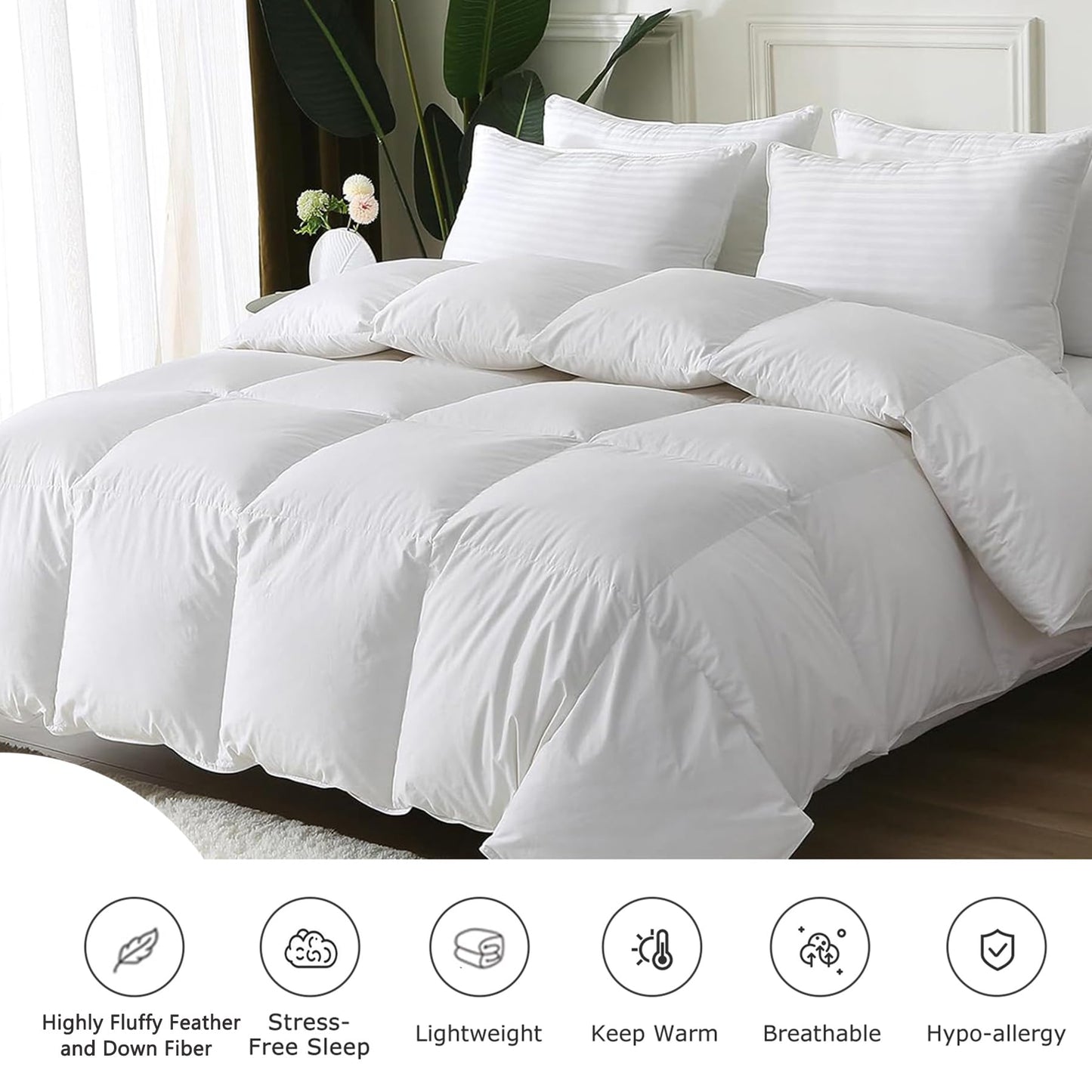 BPC King Size Feather Comforter, Filled with Feather and Down Fiber, 106x90 Inches All Season Duvet Insert Luxurious Fluffy Hotel Bedding Comforters with 100% Cotton Cover and 4 Corner Loops