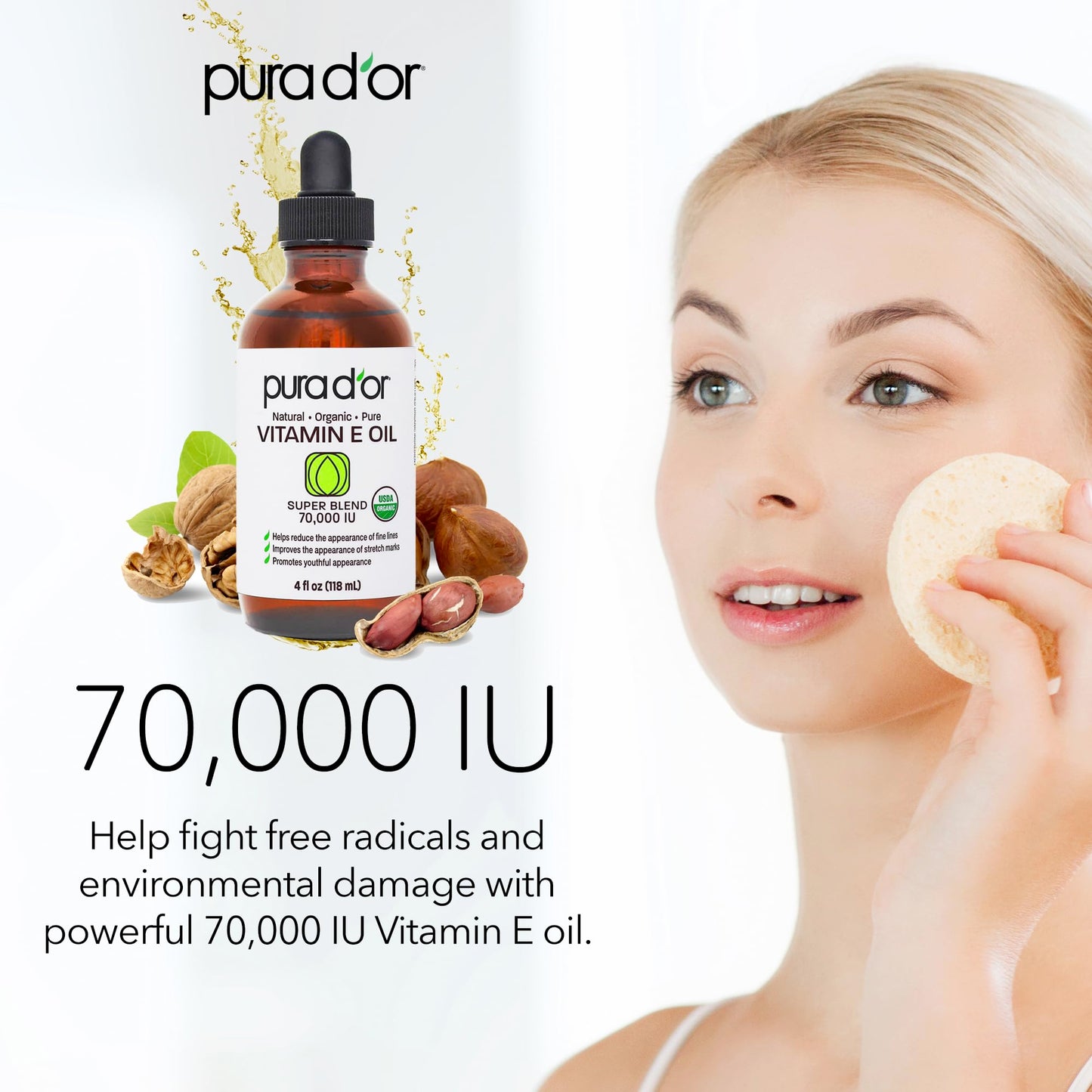 PURA D'OR 4 Oz ORGANIC Vitamin E Oil Blend 70,000 IU - 100% Natural Hexane Free, Sweet Almond, Apricot, Jojoba, Argan, Rosehip, Sunflower & Avocado Bath Oil For Scars, Skin, Face & Full Body