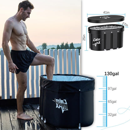 CalmMax Oval Ice Bath Tub with Cover for Athletes XL Portable Cold Plunge Tub - 130 Gal Capacity for Cold Water Therapy Ice Baths at Home Outdoor Gym