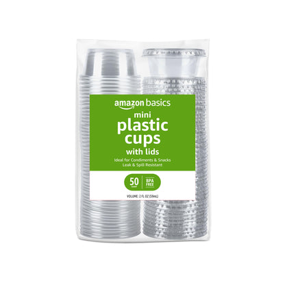 Amazon Basics Disposable Plastic To-Go Cups and Lids, Mini, 2oz, 50 Count