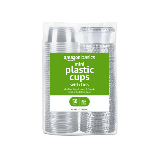Amazon Basics Disposable Plastic To-Go Cups and Lids, Mini, 2oz, 50 Count