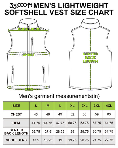 33,000ft Men's Lightweight Softshell Vest Outerwear Zip Up Fleece Lined Windproof Sleeveless Jacket for Golf Running Hiking