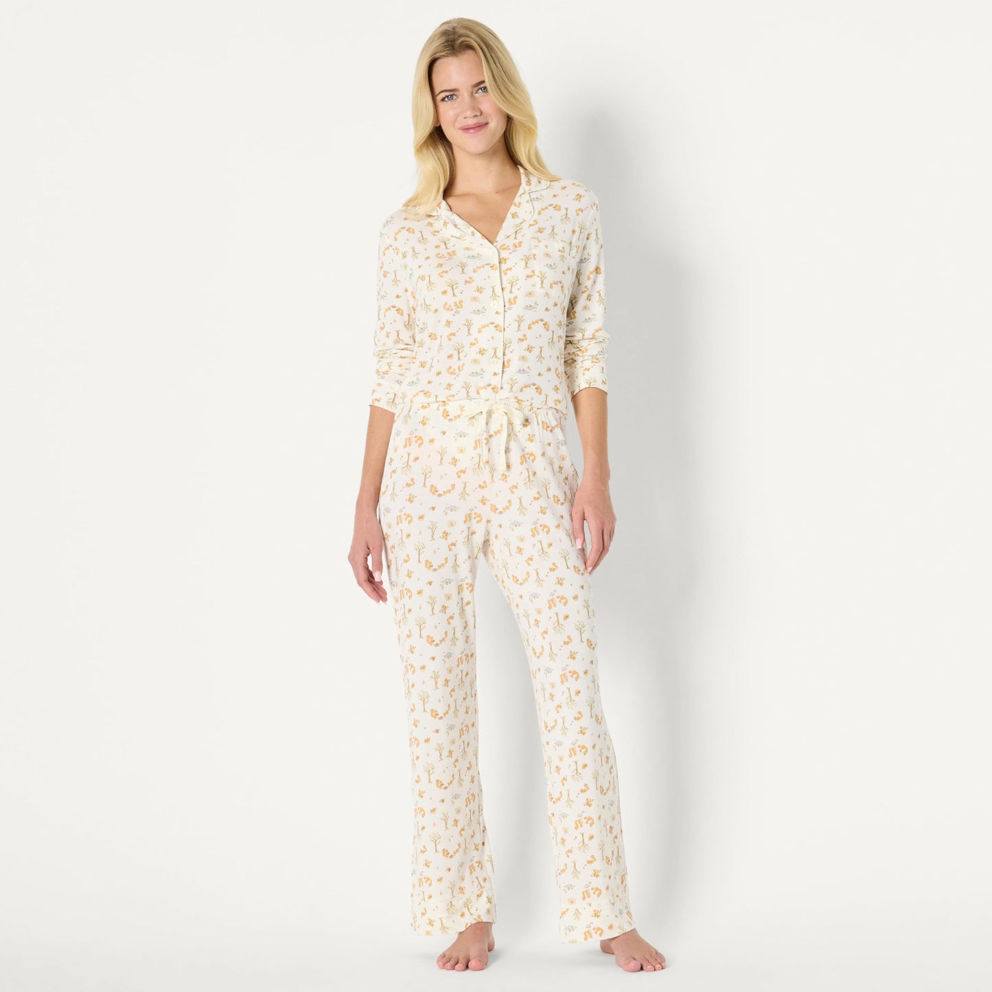 Amazon Essentials x Sofia Grainge Women's Stretch Modal Long-Sleeve and Full-Length Bottom Pajama Set, Ivory Squirrel Picnic, Medium