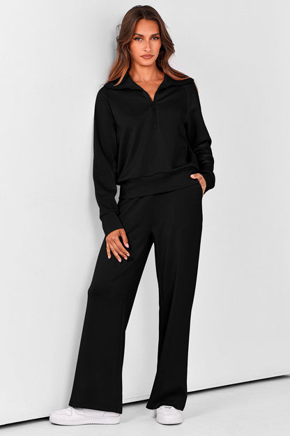 PRETTYGARDEN Women's 2025 Fall Lounge Sets Casual Half Zip Sweatshirt and Wide Leg Pants 2 Piece Outfits Sweatsuit (Black,Medium)