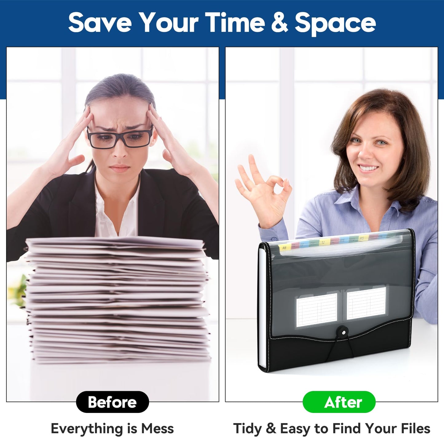 12-Pocket-Expanding File-Folder,Accordion-File-Organizer, A4/US Letter Size Paper Receipt Organizer Accordian Filing Folders (Black-T-12 Pockets)