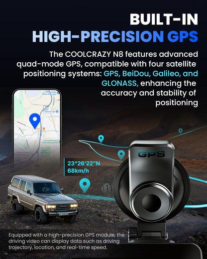 COOLCRAZY Dash Cam Front and Rear, 4K Full HD Dual Dash Camera for Cars Built-in 5G WiFi GPS, 64GB Card, Car Camera with 3" IPS Screen, UHD 2160P Night Vision, HDR, App Control, 24H Parking Monitor