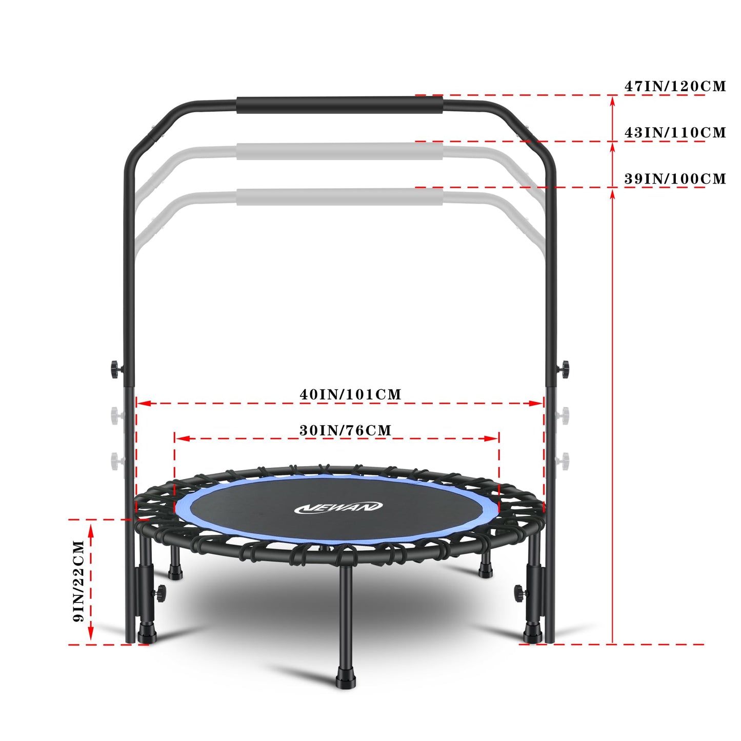 Newan 40" Silent Mini Trampoline with Adjustable Handle Bar Fitness Trampoline Bungee Rebounder Jumping Cardio Trainer Workout for Adults - Max Limit 330 lbs