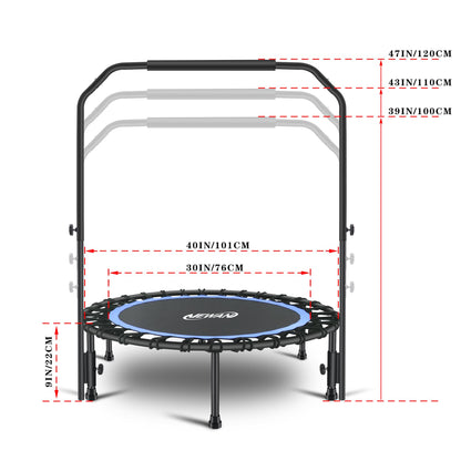 Newan 40" Silent Mini Trampoline with Adjustable Handle Bar Fitness Trampoline Bungee Rebounder Jumping Cardio Trainer Workout for Adults - Max Limit 330 lbs