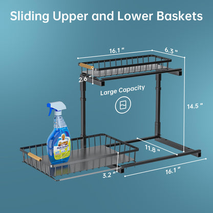 Delamu 2 Pack Under Sink Organizer and Storage, 2 Tier Pull Out Cabinet Organizer, Slide Out Under Sink Storage Shelf, Undersink Organizers Shelves for Kitchen Bathroom Pantry Organization