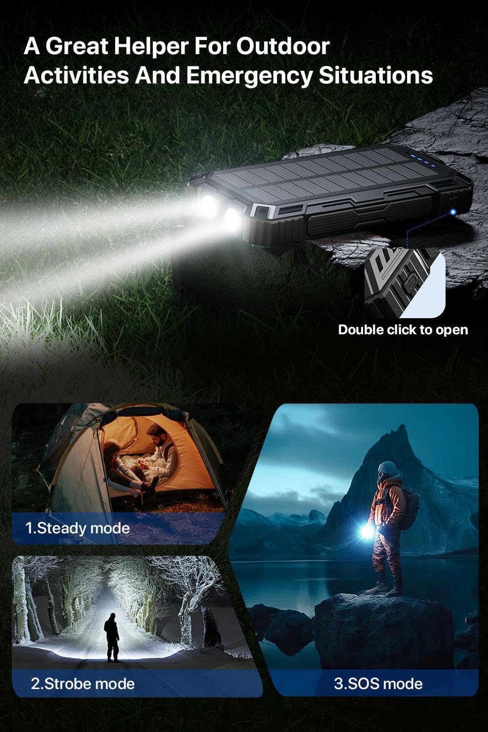 jskei Power Bank 49800mAh Solar Portable Charger Wireless Charging USB-C 15W Fast Charging with 4 Built-in Cables LED Flashlight Battery Pack Compatible with iPhone, iPad, Galaxy, Perfect for Camping
