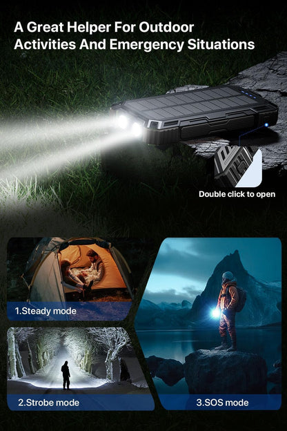 jskei Power Bank 49800mAh Solar Portable Charger Wireless Charging USB-C 15W Fast Charging with 4 Built-in Cables LED Flashlight Battery Pack Compatible with iPhone, iPad, Galaxy, Perfect for Camping