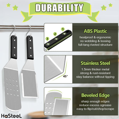 HaSteeL Griddle Accessories Kit of 16, Professional Stainless Steel Griddle Spatula Tools in Storage Bag, Heavy Duty Metal Spatulas/Chopper/Burger Press/Melting Dome for Teppanyaki Flat Top BBQ Grill