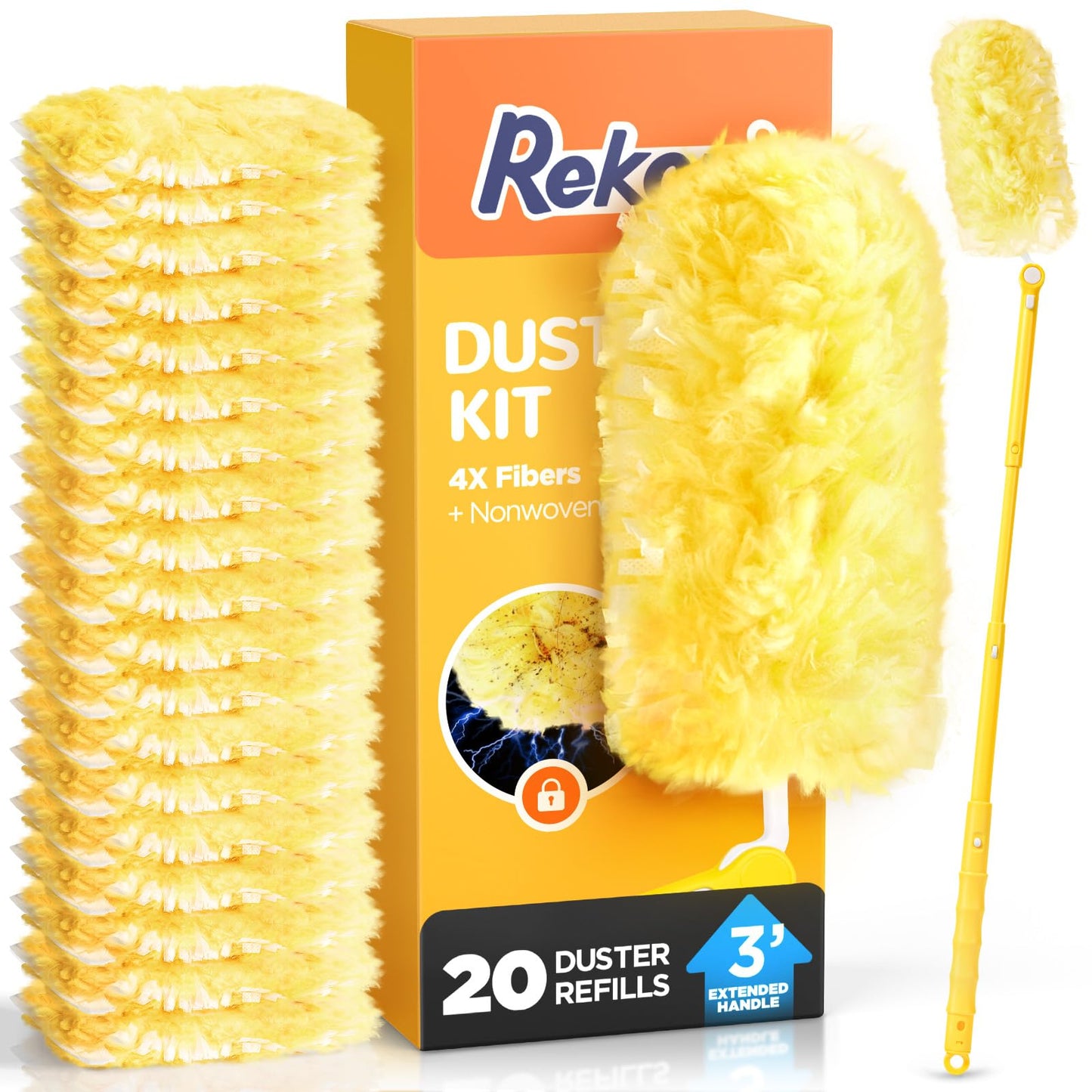 Heavy Duty Duster Refill Kit for Swiffer Duster with 3 ft Extension Pole & 20 Count Refills, 4X Microfibers Multisurface Dusters for Cleaning Home, Celling Fan, Blinds, Vent & Shelves