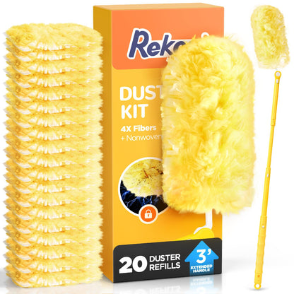 Heavy Duty Duster Refill Kit for Swiffer Duster with 3 ft Extension Pole & 20 Count Refills, 4X Microfibers Multisurface Dusters for Cleaning Home, Celling Fan, Blinds, Vent & Shelves