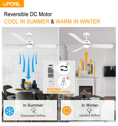 OPONL White Ceiling Fan with Light 52inch, Low Profile, Remote Control, Downrod Mount, Noiseless, Reversible, 6CCT, Dimmable, 6 speeds, Timeable, Ceiling Fans with Lights for Living Room, MDF