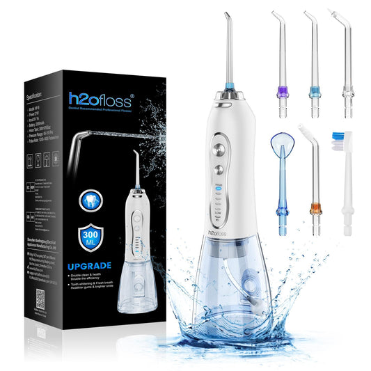 H2ofloss Water Dental Flosser Portable Dental Oral Irrigator with 5 Modes, 6 Replaceable Jet Tips, Rechargeable IPX7 Waterproof Teeth Cleaner for Home and Travel -300ml Detachable Reservoir (HF-6)