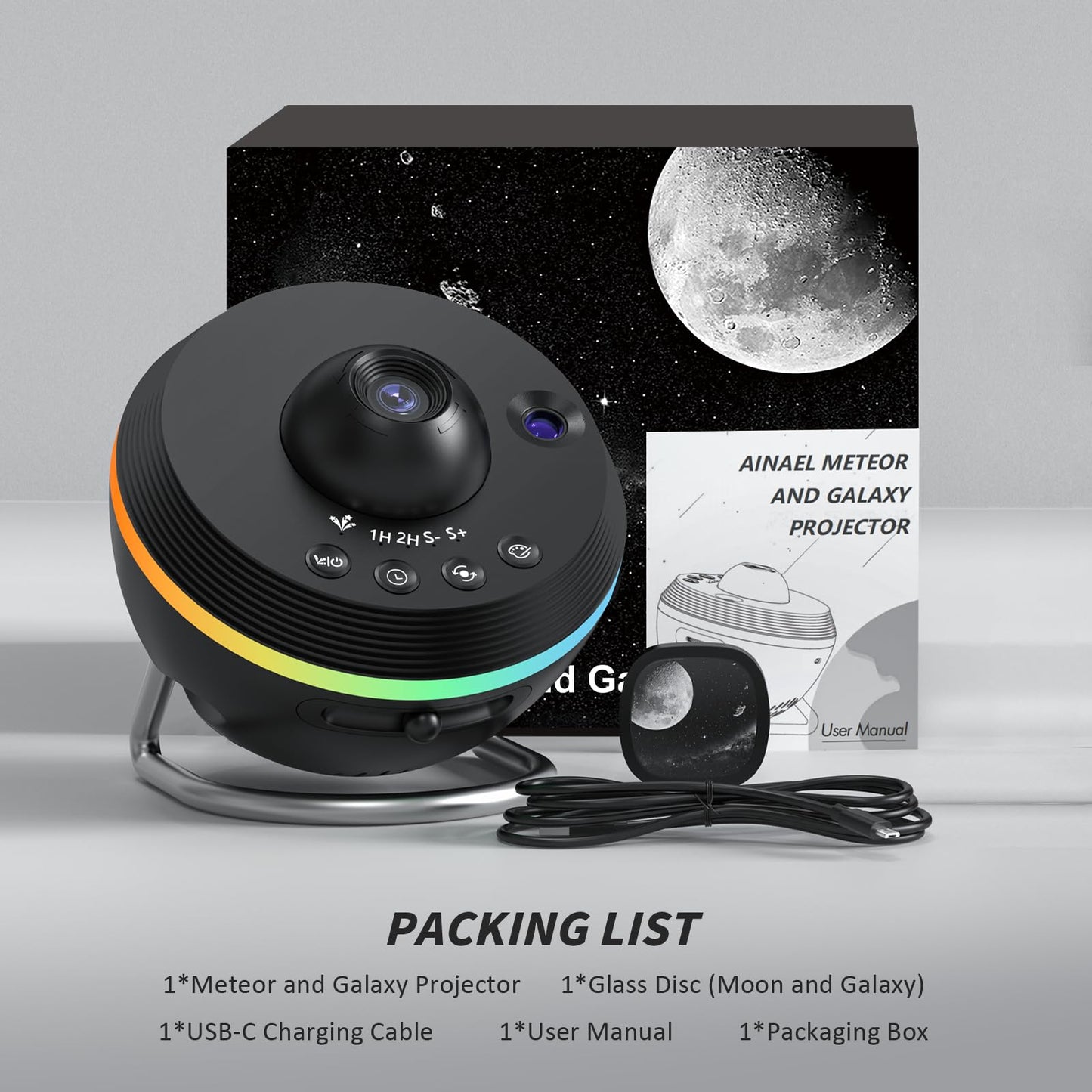 Ainael Galaxy Projector, Star Projector Home Planetarium Space Ceiling Starry Sky Night Light with Light Strip, Meteor and Galaxy Projector for Kid Adult Bedroom Christmas Gift (Black)