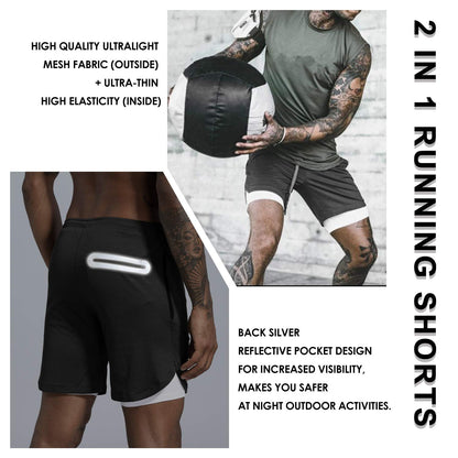 Leidowei Men's 2 in 1 Workout Running Shorts Lightweight Training Yoga Gym 7" Short with Zipper Pockets Black Fluorescent 2XL