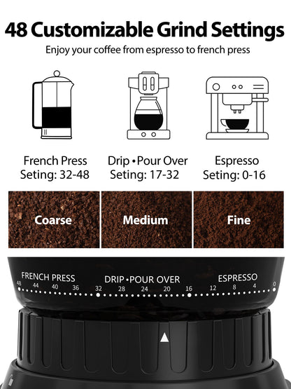Aromaster Burr Coffee Grinder, Electric Coffee Grinders for Home Use,Stainless Steel,48 Grind Settings, Espresso/Pour Over/French Press Coffee Maker