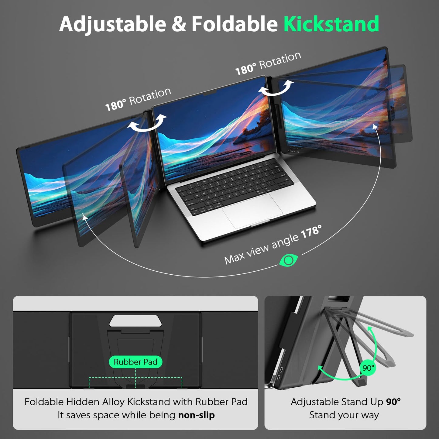 QQH Triple Portable Monitor, 14” FHD 1080P IPS Laptop Screen Extender with Alloy Stand, Only One USB-C Plug and Play Laptop Monitor Extender Compatible with MacOS, Wins, Android for 12-16” Laptops