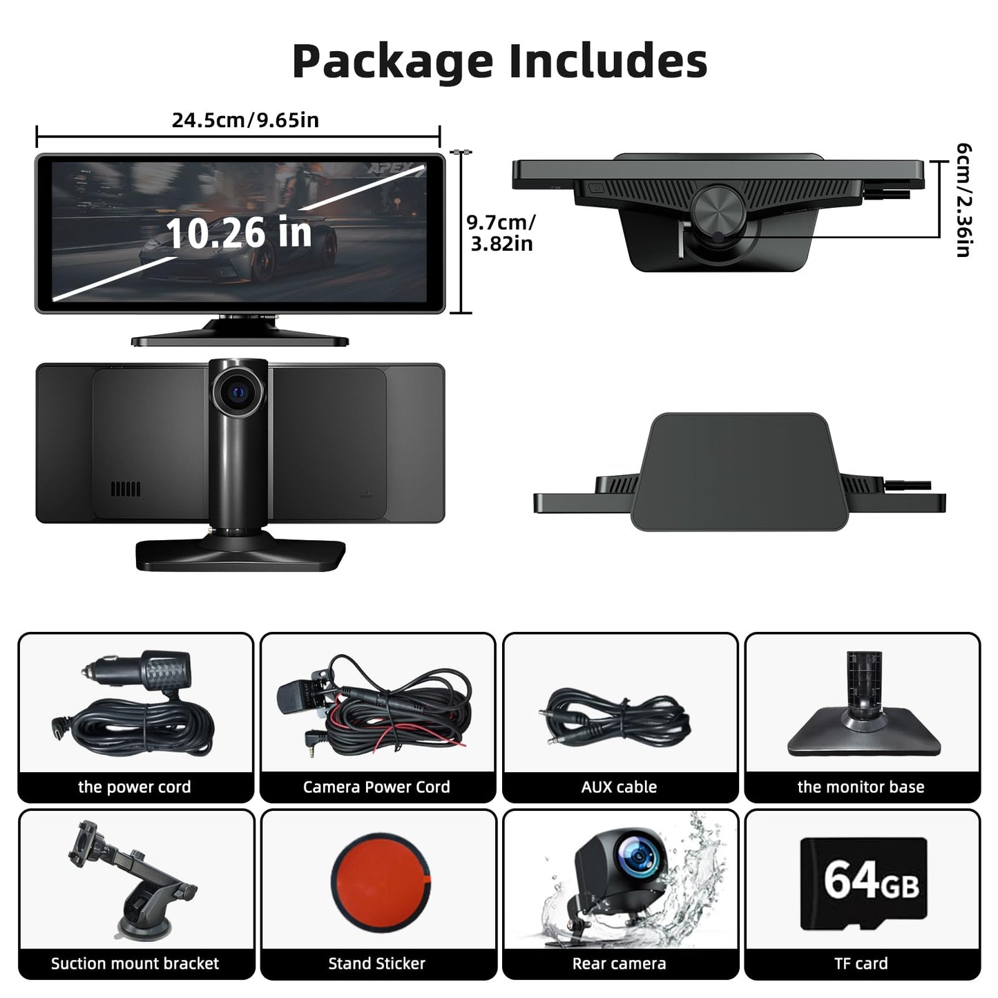 10.26 Inch Carplay Screen for Car, Portable CarPlay Screen with Wireless Carplay & Android Auto, 4K Dash Cam/1080P Backup Camera/GPS Navigation/Mirror Link/Bluetooth, Car Touch Screen with 64GB TF