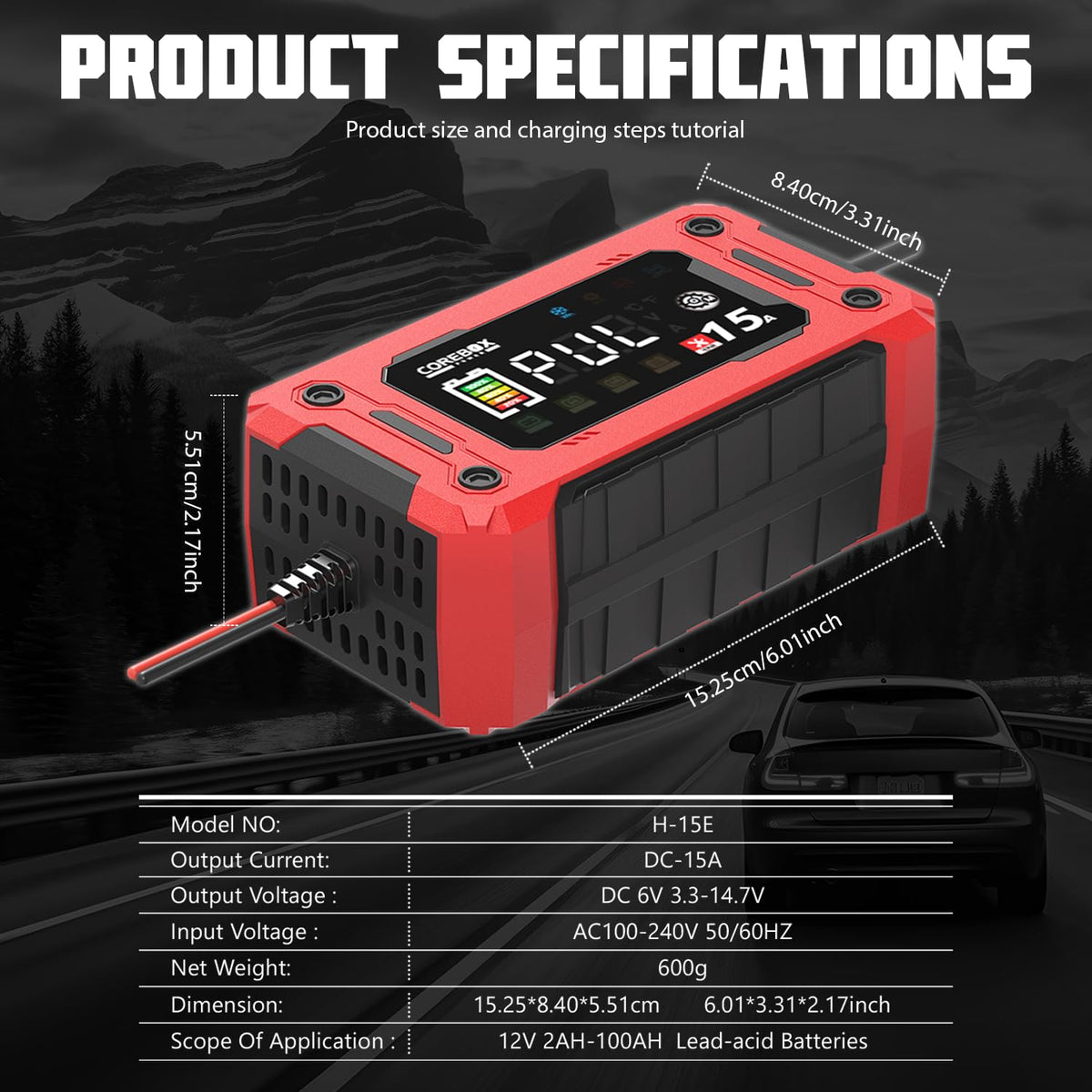COREBOX 12V Battery Charger 15Amp, Support 1A,6A,10A,0-15A Fast Car Battery Charger, Automobile 12 Volt Trickle Charger,Battery Maintainer with Temperature Compensation for Cars Motorcycle Lawn Mower