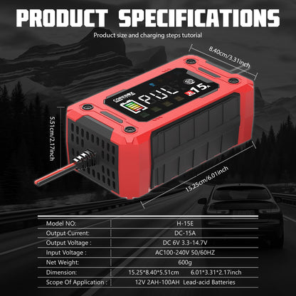 COREBOX 12V Battery Charger 15Amp, Support 1A,6A,10A,0-15A Fast Car Battery Charger, Automobile 12 Volt Trickle Charger,Battery Maintainer with Temperature Compensation for Cars Motorcycle Lawn Mower