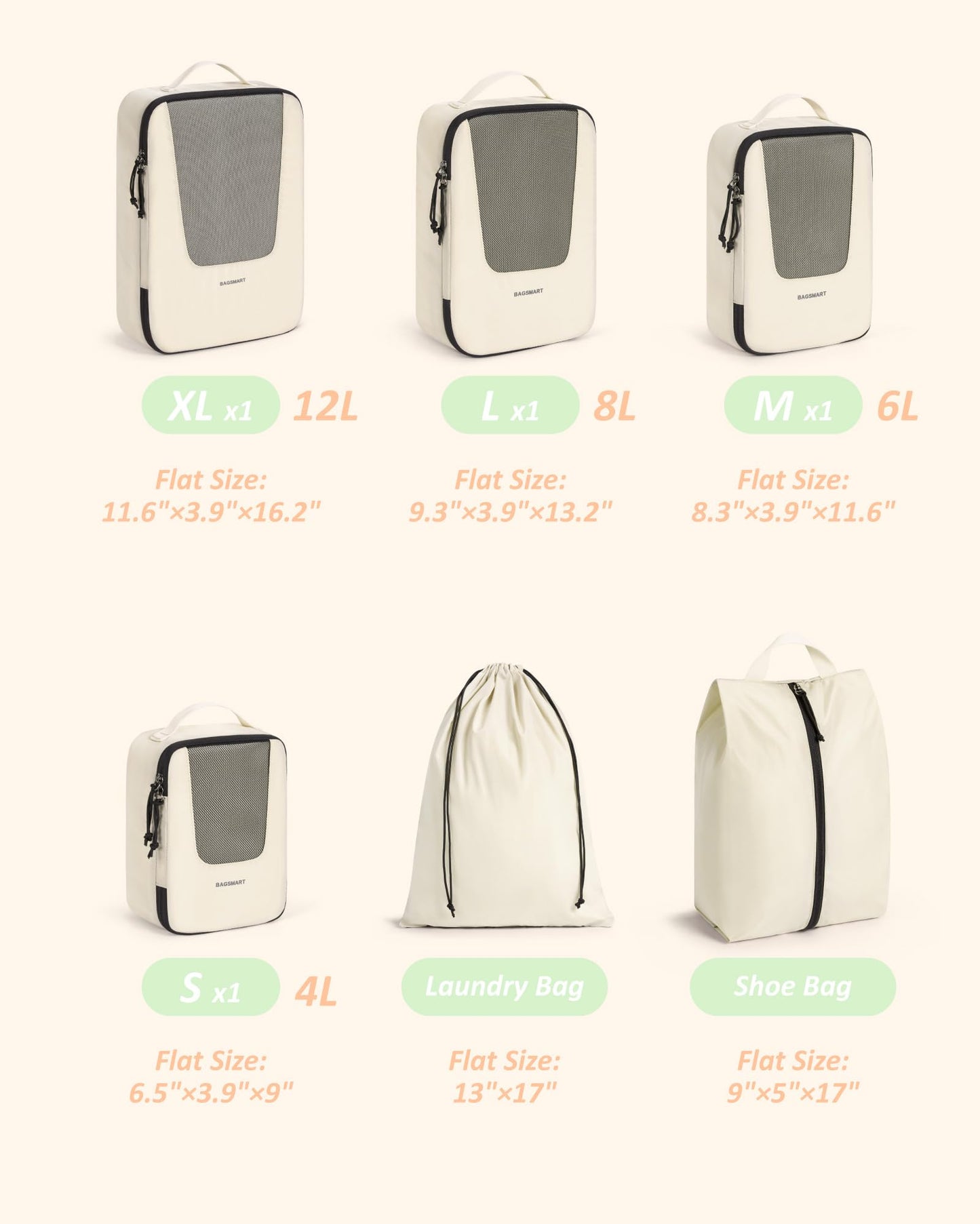 BAGSMART Packing Cubes for Travel, 6 Set Suitcase Organizer Bags Set Packing Cubes for Travel, Lightweight Packing Organizers with Shoe Bag & Luandry Bag