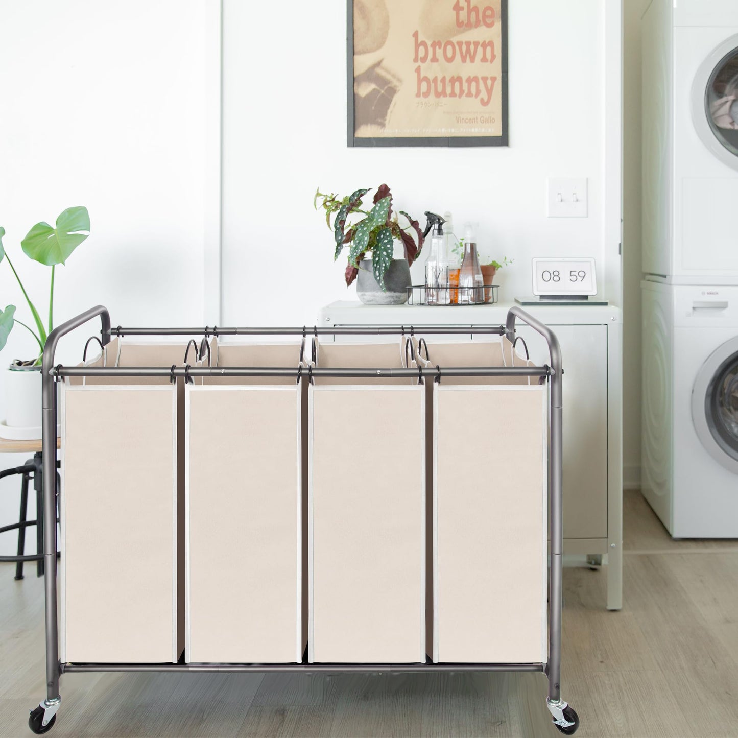 STORAGEIDEAS Laundry Sorter Hamper with Wheels, Heavy-Duty Laundry Sorter Rolling Cart, Lockable Wheels and Removable Bags, 4 Sections, Beige