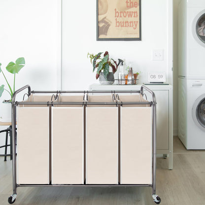 STORAGEIDEAS Laundry Sorter Hamper with Wheels, Heavy-Duty Laundry Sorter Rolling Cart, Lockable Wheels and Removable Bags, 4 Sections, Beige