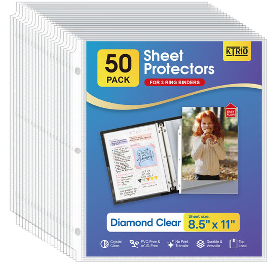 KTRIO Sheet Protectors 8.5 x 11 inch, Clear Page Protector for 3 Ring Binder, Plastic Sleeves for Binders, Top Loading Paper Sheets Document Sleeve Letter Size, Office & Home, 50 Pack