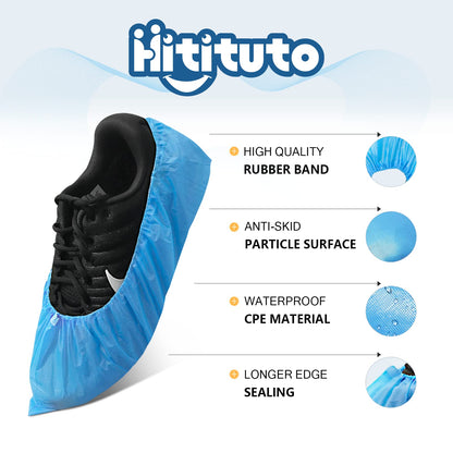 Hitituto Shoe Covers Disposable Non-slip for Indoors -100 Pieces (50 Pairs) Waterproof Premium CPE Booties Shoes Protectors Coverings, fits up to size 11 US Men and 13 US Women, Blue, Large