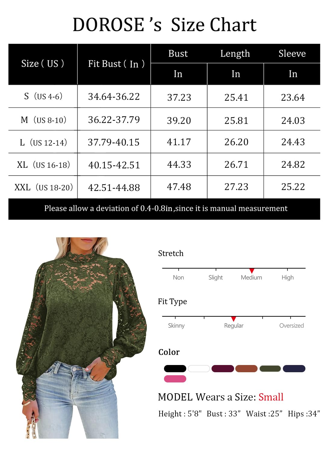 DOROSE Long Sleeve Shirts for Women Dressy Casual Lace Top Dark Green Christmas S