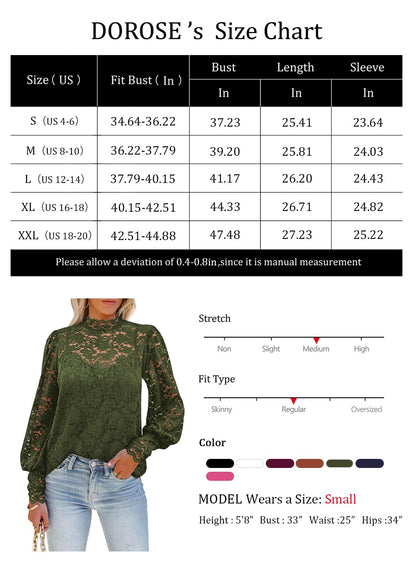DOROSE Long Sleeve Shirts for Women Dressy Casual Lace Top Dark Green Christmas S