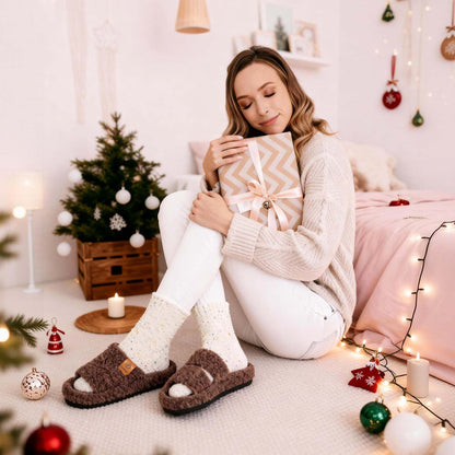 EverFoams Womens Fuzzy Open-toe Slippers Soft Comfy Memory Foam Indoor House Shoes Elegant Mocha, 7-8 US