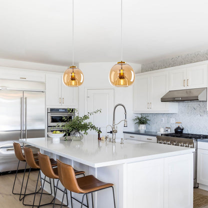 LBSQJ Amber Glass Pendant Lights Kitchen Island Gold Hanging Light Fixture Glass Globe Pendant Light Modern Pendant Lighting for Kitchen Island Bedroom Dining Room (7.87", 1 Pack)