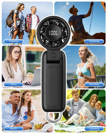 4 in 1 Handheld Portable Turbo Fan, 180° Foldable 6-Speed (1-100) Mini Fan, 5000mAh Rechargeable Battery Operated up to 15 Working Hours, LED Display Personal Cooling for Travel Indoor Outdoor Black