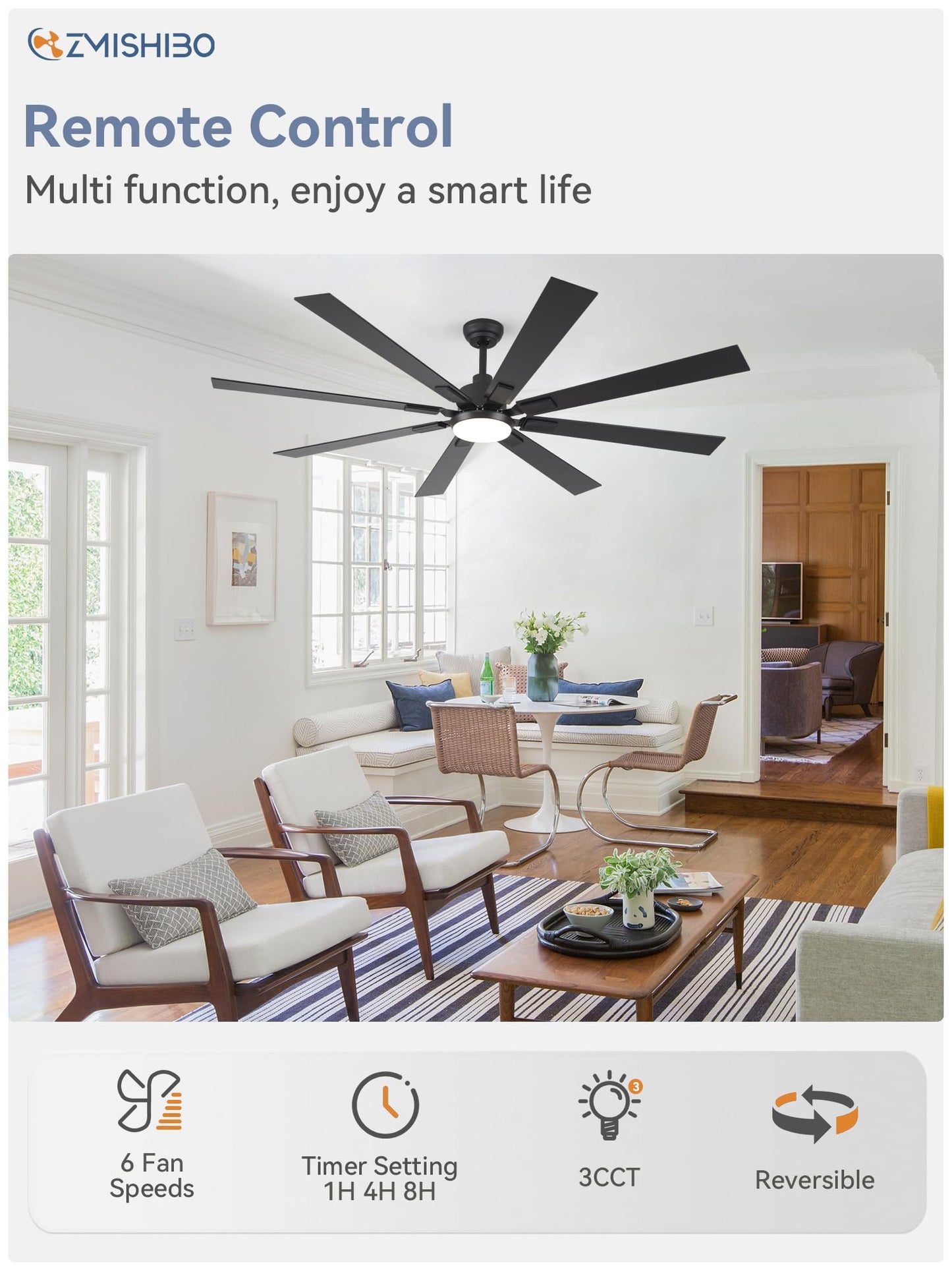 ZMISHIBO 72 inch Large Ceiling Fans with Lights and Remote, Indoor/Outdoor Black Modern Ceiling Fan for Kitchen Living Room Patio, 6 Speed Reversible Quiet DC Motor, 3 CCT, Dual Finish 8 Blades