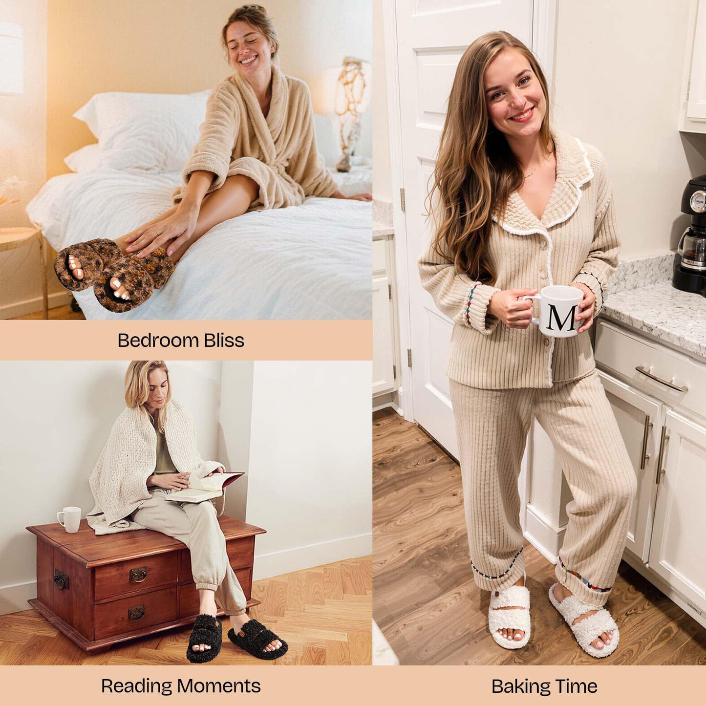 EverFoams Womens Fuzzy Open-toe Slippers Soft Comfy Memory Foam Indoor House Shoes Elegant Mocha, 7-8 US