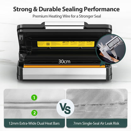 Precision Vacuum Sealer Machine, 2X Seal&130W Commercial Full Automatic Food Sealer, Powerful Food Preservation System with Handle,Built-in Cutter&Bags Storage&Hose,2 Bags Rolls,Stainless Steel