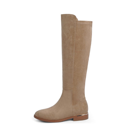 Modatope Rounded Toe Knee High Boots Tan Suede Flat Riding Fall Winter Boots Women 2025 Low Heel Elastic Boot Chunky Heel Dress Boot Size 9
