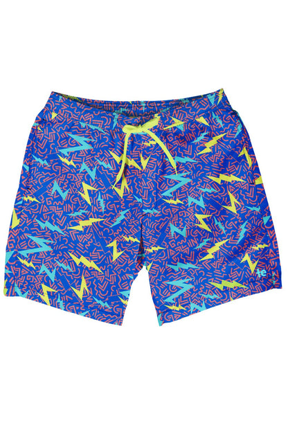 Tipsy Elves Men's Swim Trunks - 7 in Inseam 4-Way Stretch Fabric Compression & Mesh Liner Swimming Shorts for Men Bathing Suit - Neon Swim Shorts - Blue Grease Lightning Swim Trunks Size Medium