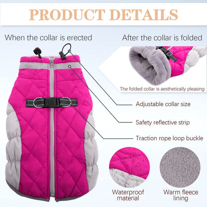 OUOBOB Dog Coat, Fleece Dog Vest with Harness Built in, Dog Cold Weather Coats, Dog Snowsuit Waterproof, Dog Coats for Small Dogs, Dog Winter Jacket Windproof, Dog Puffer Jacket Rose Red S