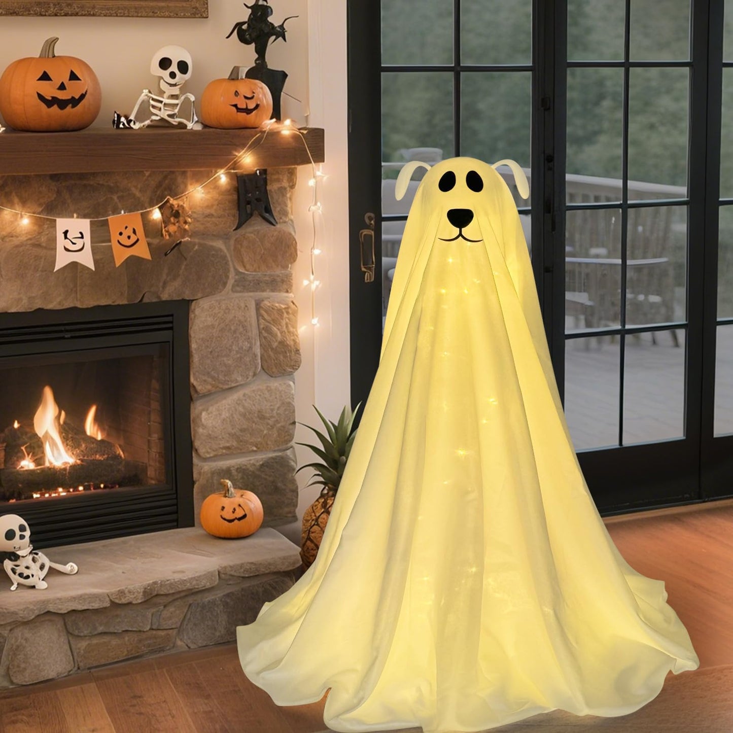 DAZONGE Halloween Decorations, Light-Up Freestanding Spooky Ghost Dog with Remote String Lights Battery Operated, Halloween Ghost Dog for Front Door Porch Yard Lawn Home Party