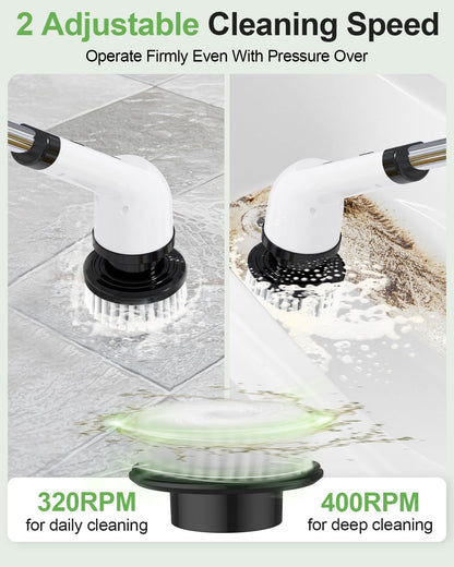 Electric Spin Scrubber, Cordless Bathroom Shower Cleaner, Cleaning Brush with 9 Brush Heads 2H Power Dual Speed, Adjustable Extension Handle, IPX7 Waterproof for Tub Tile Floor Car, CA3-White