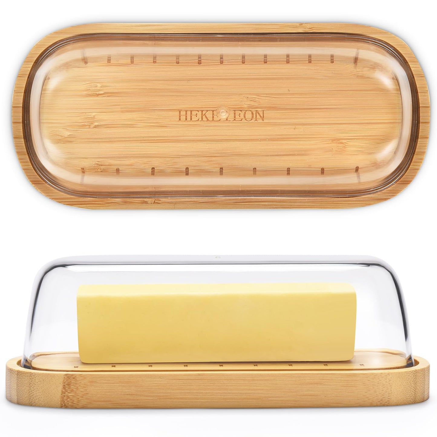 HEKEIEON Butter Dish with Lid, Bamboo Butter Holder, Butter Container Holds for East/West Coast Butter, Dishwasher Safe
