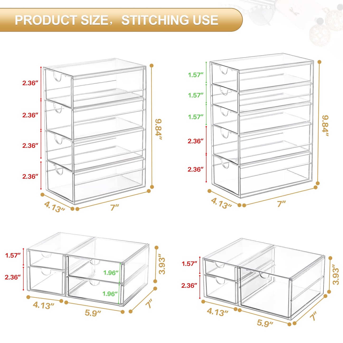 caktraie Makeup Organizer Storage With 16 Drawers, 4 Pcs Desktop Office Supplies, Desk Organizers, Clear Accessories, Dustproof Drawer and for Make Up, Jewelry, Pen, Stationary