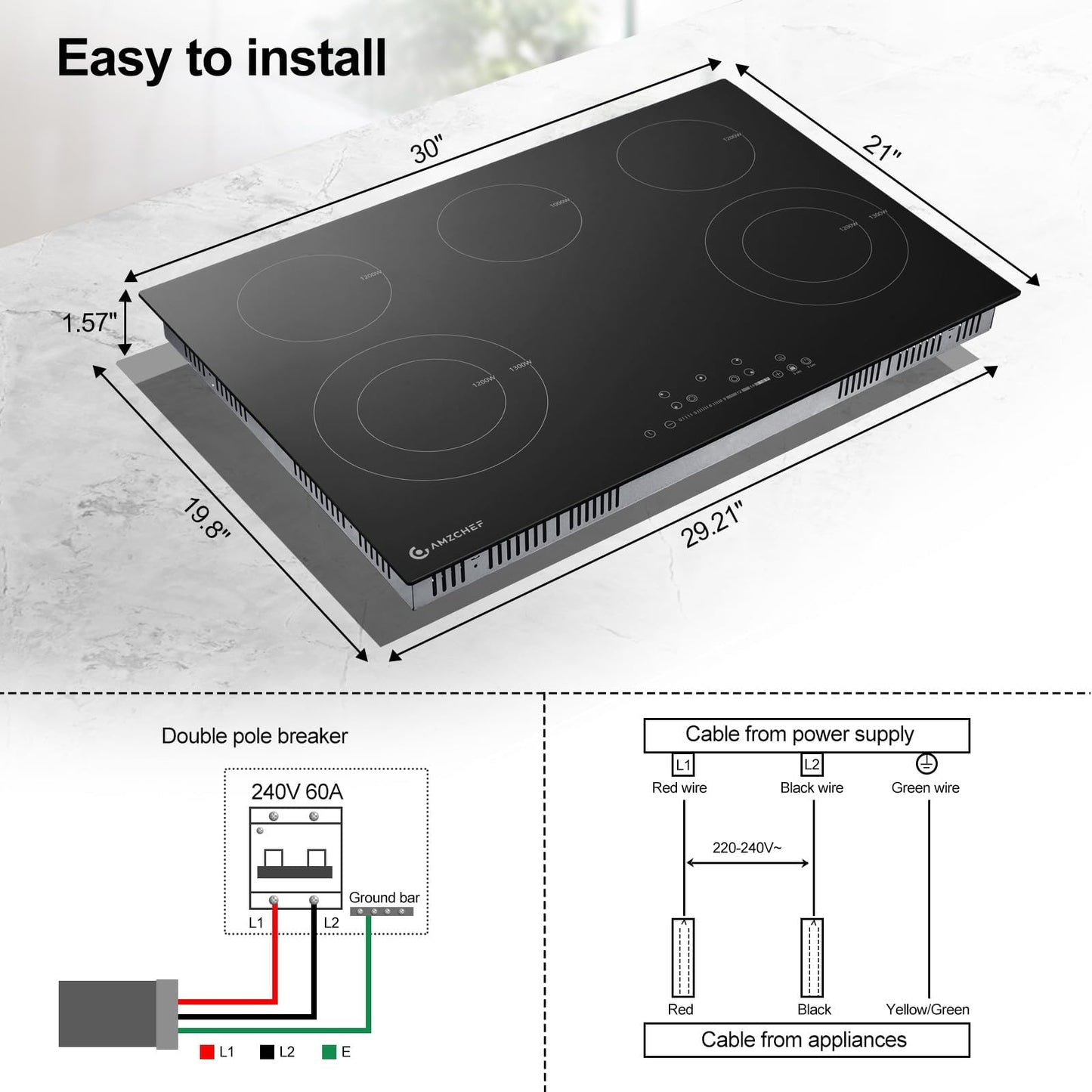 AMZCHEF 30 Inch 8400W 5 Burner Electric Cooktop, Drop-in Ceramic Glass Cooktop, 16 Power Levels, 85% Heat Efficiency, Child Lock, Timer, 220-240V, Hard Wire, No Plug