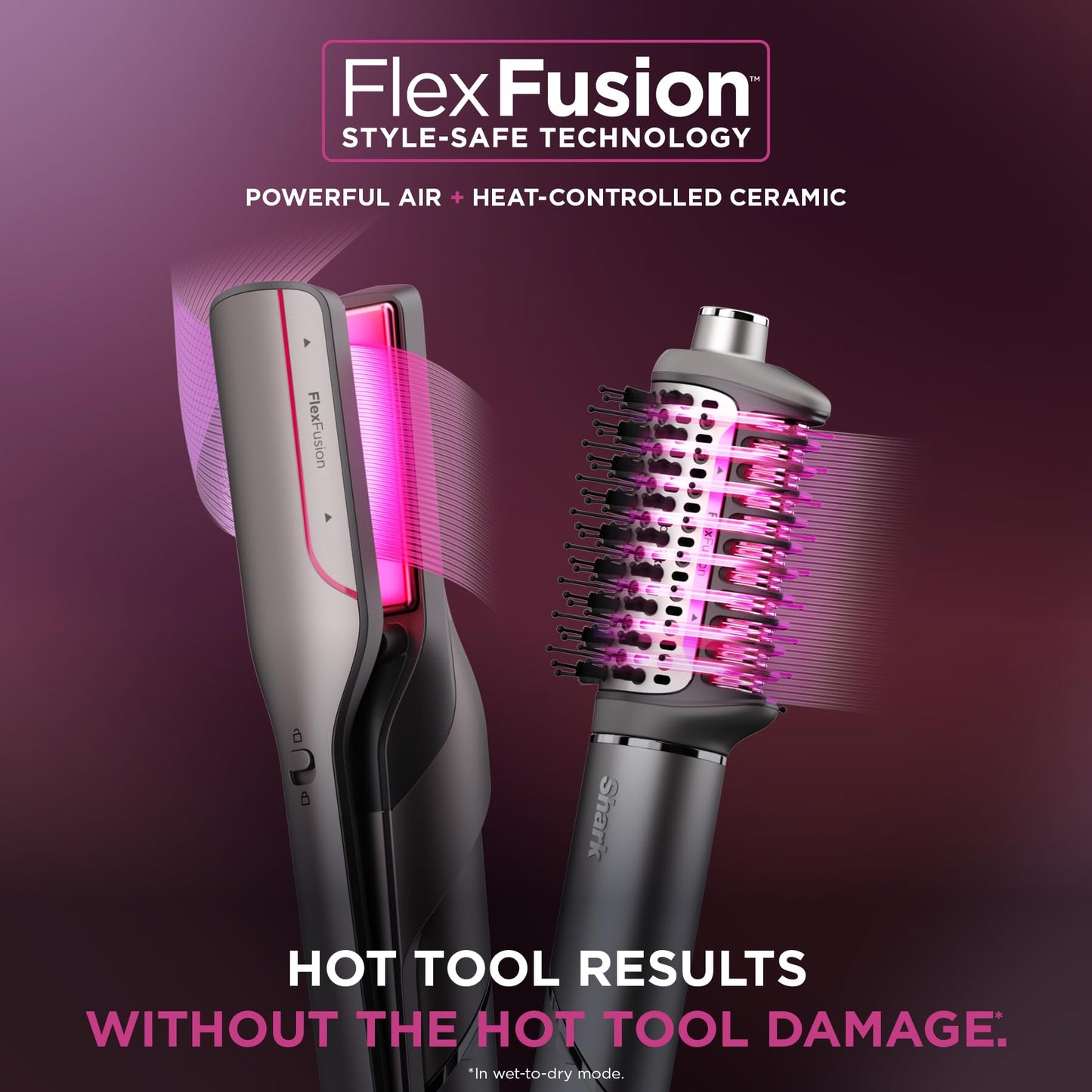 Shark FlexFusion Hair Straightener & Powerful Hair Dryer with Fusion Hair Brush, Ceramic Air Styler with Auto-Wrap Hair Curlers, Concentrator, & FrizzFighter, Ceramic Plates, Metallic Mist, HD651S