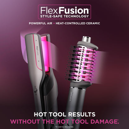 Shark FlexFusion Hair Straightener & Powerful Hair Dryer with Fusion Hair Brush, Ceramic Air Styler with Auto-Wrap Hair Curlers, Concentrator, & FrizzFighter, Ceramic Plates, Metallic Mist, HD651S